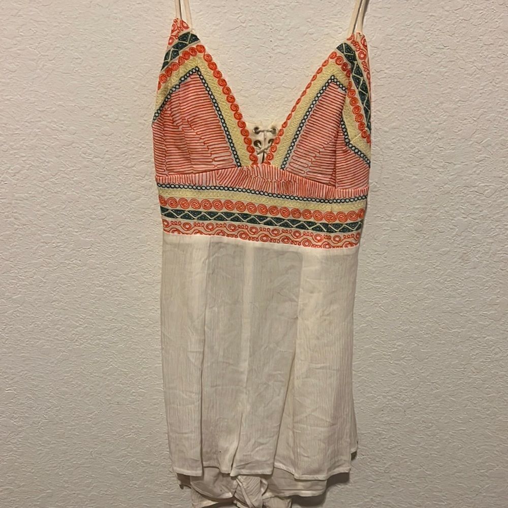 Beautiful Bohemian White Romper - Detailed Orange Summer Shorts - Size Medium